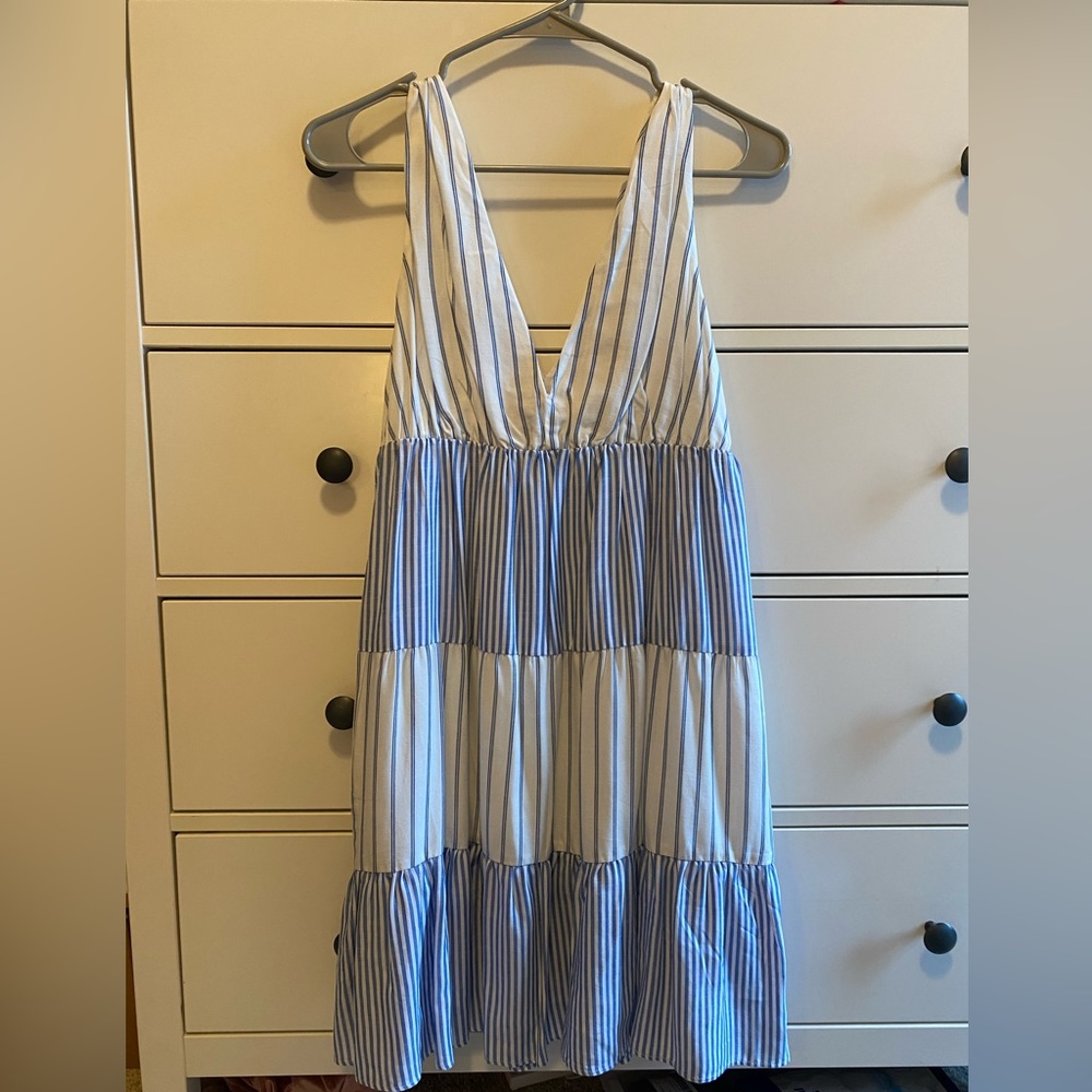 Blue and white striped mini dress.